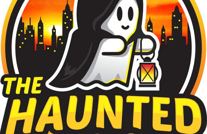 Cartoon ghost in a black cape holding yellow and orange lantern with black city skyline in background with sunset. Text reads "The Haunted Walk" under the ghost.