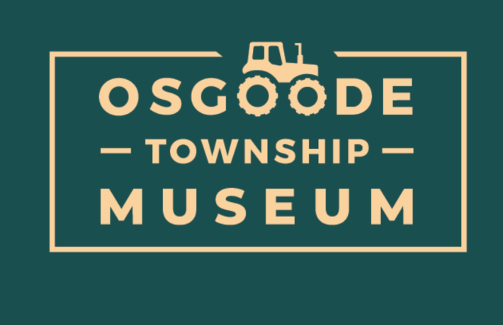 The text Osgoode Township Museum is centered with a tractor body sitting above the double O's as if they were wheels. The text is in a pale gold and the background is a deep teal.