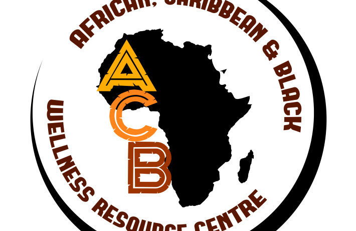 Brown image in shape of continent of Africa with letters ACB to the left in shades of orange. Words around the central shape read "African, Caribbean & Black Wellness Resource Centre"