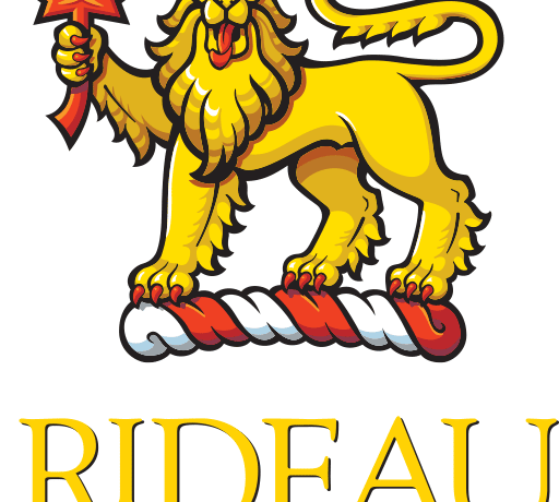 A yellow lion wearing a crown, holding a red maple leaf. Below are the words "Rideau Hall"
